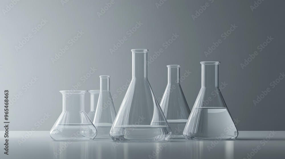 Several chemical flasks standing on a grey background, with soft lighting enhancing their transparency. Several chemical flasks standing on a grey background, with soft lighting enhancing their transparency.