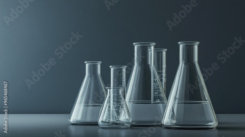 Several chemical flasks standing on a grey background, with soft lighting enhancing their transparency.