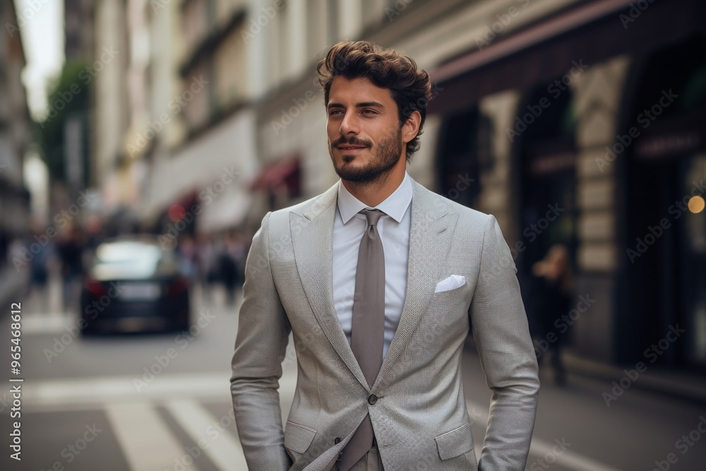 A man in a suit and tie is walking down a city street A man in a suit and tie is walking down a city street