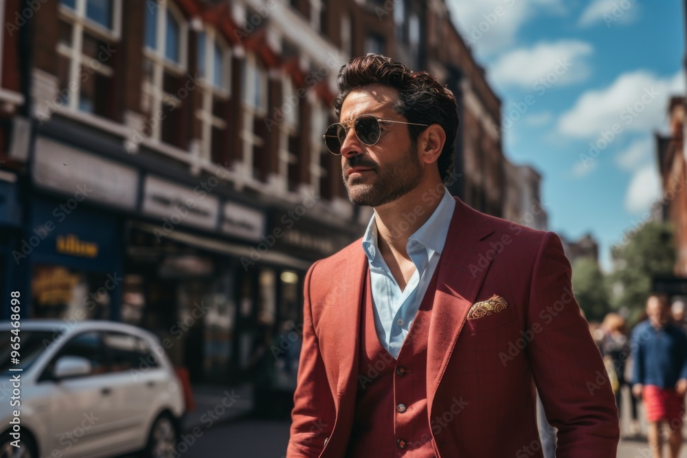A man in a red suit and sunglasses stands on a city street A man in a red suit and sunglasses stands on a city street