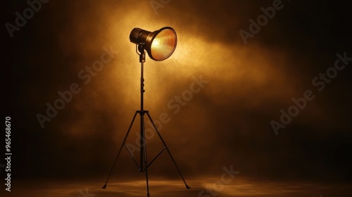 Spotlight under a golden lamp in a studio, creating a focused beam of light with plenty of negative space around it.