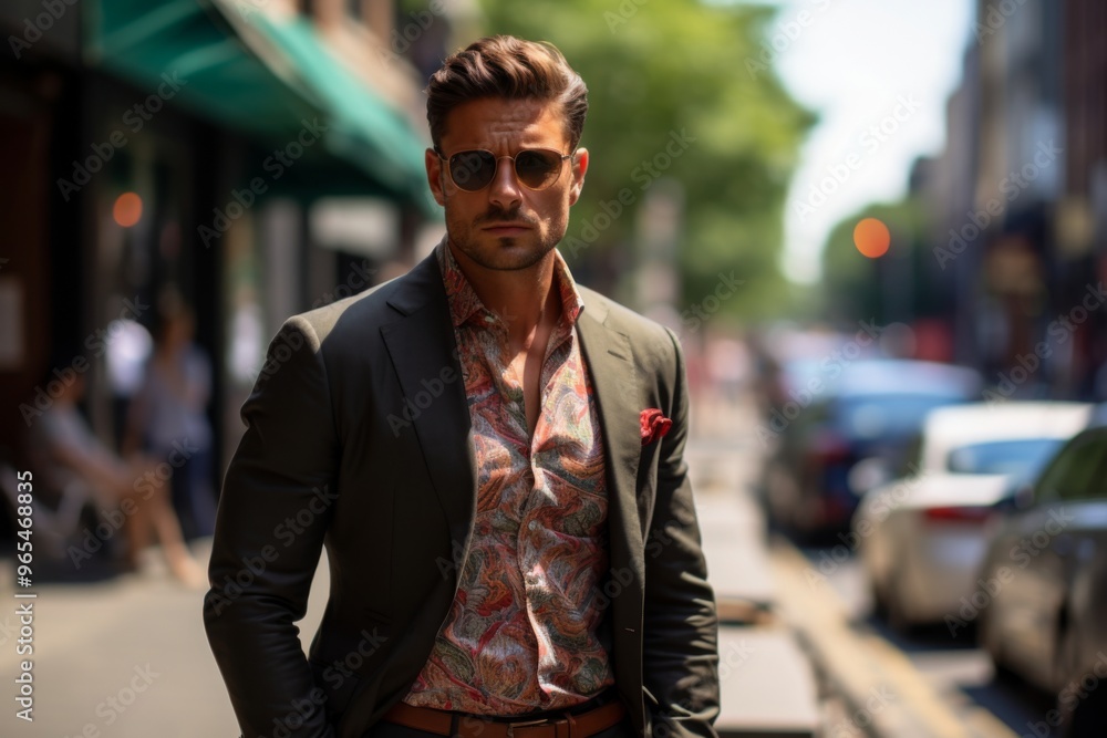 A man in a suit and sunglasses stands on a sidewalk in front of a green awning A man in a suit and sunglasses stands on a sidewalk in front of a green awning