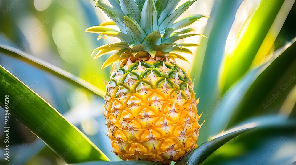 Fototapeta premium Close-up of a pineapple growing on a tree, bright yellow and green with spiky texture, sunlight illuminating the intricate patterns on the skin, detailed leaves and surrounding environment, lively