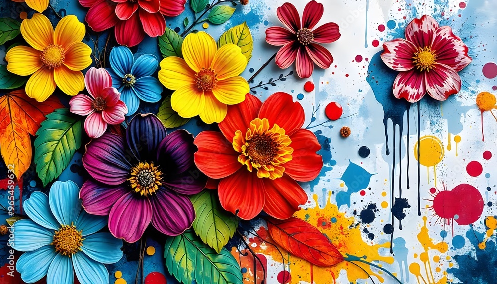 Illustration of A vibrant floral arrangement with large red and orange flowers, surrounded by smaller yellow and white flowers against a blurred blue background Illustration of A vibrant floral arrangement with large red and orange flowers, surrounded by smaller yellow and white flowers against a blurred blue background