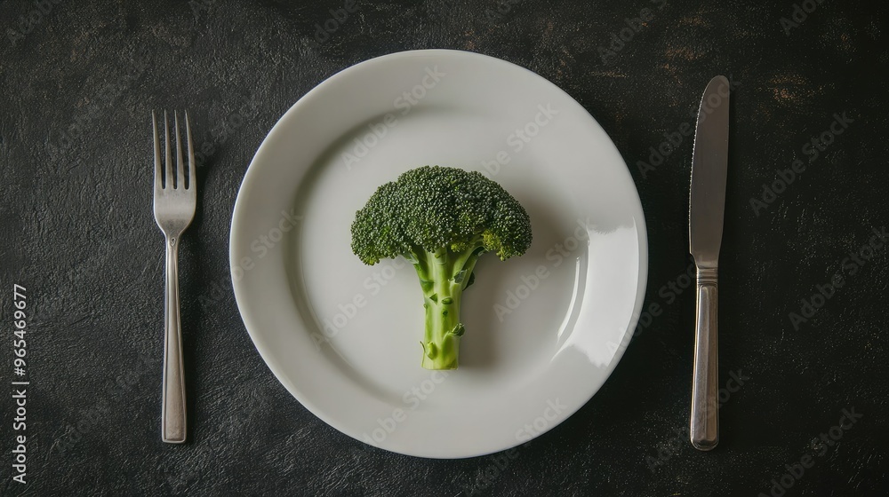 Top-down view of a plate with a single broccoli floret, flanked by a fork and knife on either side. Top-down view of a plate with a single broccoli floret, flanked by a fork and knife on either side.