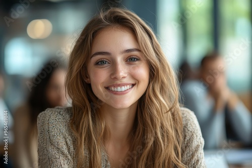 Positive secretary smiling to camera during meeting, Generative AI