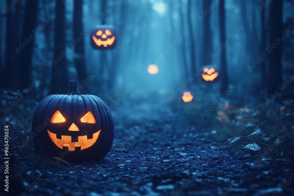 Eerie Forest Path: A single carved pumpkin with a sinister grin illuminates the path through a mist-shrouded forest, its glow casting an eerie spell. Other Jack-o-lanterns hang in the distance Eerie Forest Path: A single carved pumpkin with a sinister grin illuminates the path through a mist-shrouded forest, its glow casting an eerie spell. Other Jack-o-lanterns hang in the distance