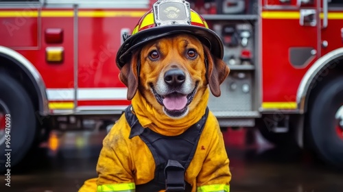 A firefighter dog sits in front of a fire truck in a yellow helmet and red uniform photo