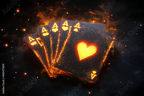 A glowing display of five playing cards, showcasing four aces and a heart symbol. photo