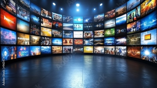 Fototapeta Naklejka Na Ścianę i Meble -  Video Wall with Diverse Content and Immersive Multimedia Experience in Dark Room. 3D Render.