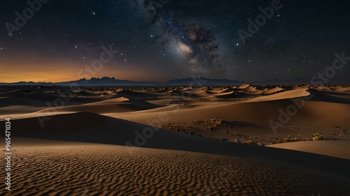 Starlit desert plains. Vast stretches of sand illuminated by the light of countless stars, with distant dunes casting long shadows under the night sky. Realistic style. photo