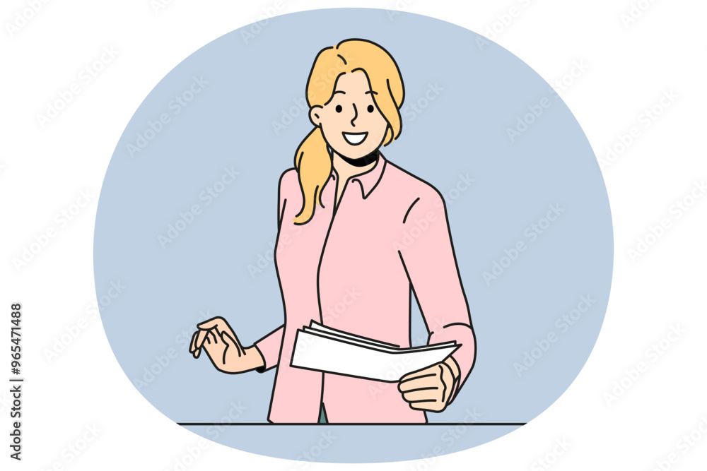 Smiling female employee deliver paperwork in office. Happy clerk pass documents at workplace. Vector illustration. Smiling female employee deliver paperwork in office. Happy clerk pass documents at workplace. Vector illustration.