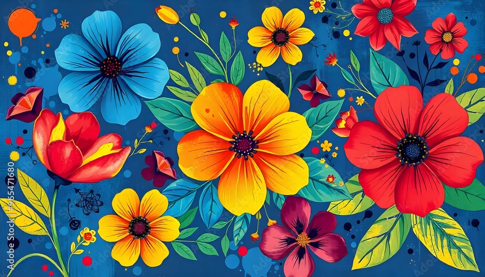 Vibrant floral pattern illustration with large red and blue flowers, green leaves, and colorful abstract elements on a white background