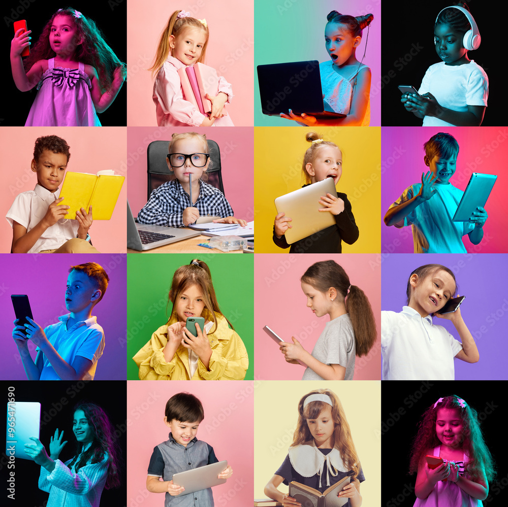 Collage made of portraits of children deeply focused on their devices and books. Kids express concentration against bold, colorful backgrounds. Concept of childhood, fashion and beauty, carefree. Ad Collage made of portraits of children deeply focused on their devices and books. Kids express concentration against bold, colorful backgrounds. Concept of childhood, fashion and beauty, carefree. Ad