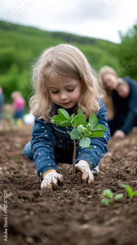 Little girl planting a tree sapling in the ground