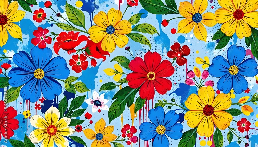 Vibrant floral pattern illustration with large red and blue flowers, green leaves, and colorful abstract elements on a white background Vibrant floral pattern illustration with large red and blue flowers, green leaves, and colorful abstract elements on a white background