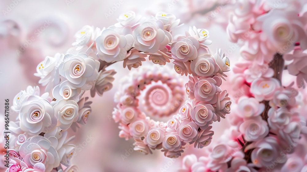 A spiral of pink and white flowers creating a mesmerizing pattern. A spiral of pink and white flowers creating a mesmerizing pattern.