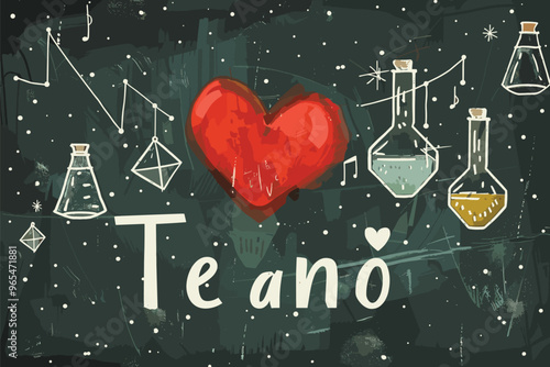 Periodic table of chemical elements with funny Spanish phrase "Te amo" and red heart for web, art, or t-shirt design