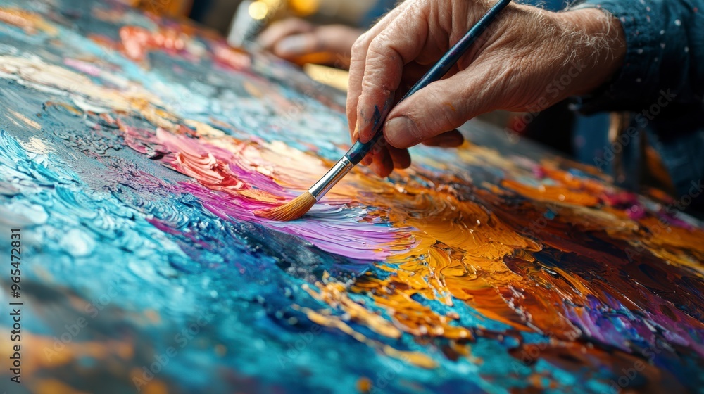 Artist painting on canvas with brush and oil paints Artist painting on canvas with brush and oil paints