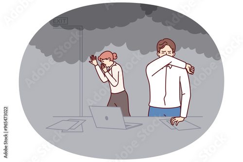 Office workers are evacuated from burning building during fire or smoke emergency. Men and women in formal wear panic and flee preparing to evacuate after smoke and fire spread through office
