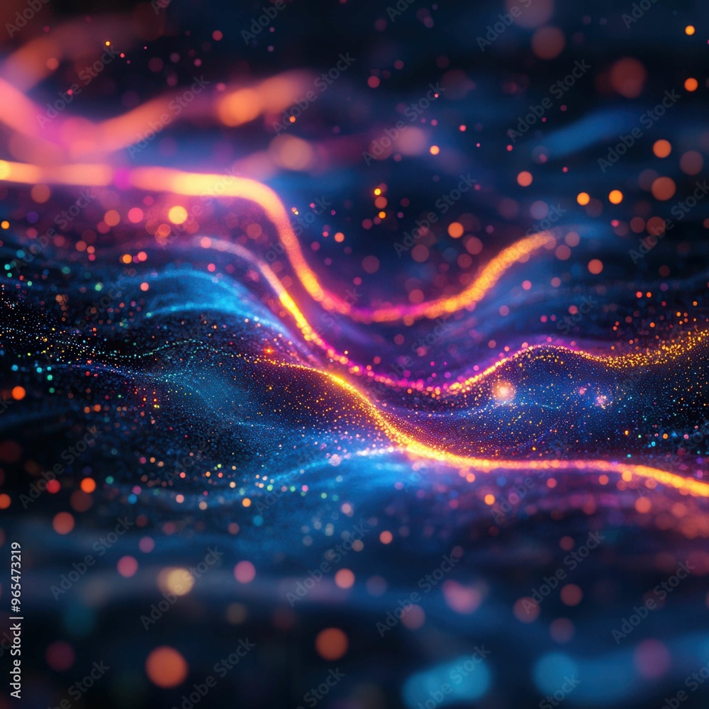 Vibrant abstract waves illuminated by glowing particles, creating a mesmerizing visual effect of light and movement. Vibrant abstract waves illuminated by glowing particles, creating a mesmerizing visual effect of light and movement.