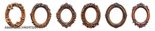 oval round antique carved wooden frame isolated on a transparent or white background, cut-out, PNG photo