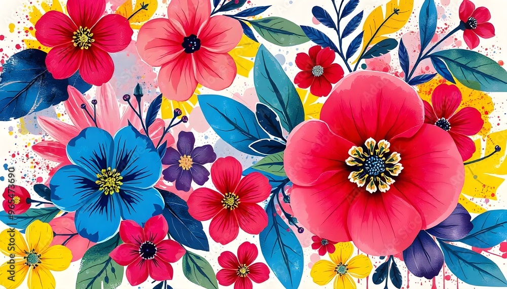 Vibrant floral pattern with large red and blue flowers, green leaves, and colorful abstract elements on a white background Vibrant floral pattern with large red and blue flowers, green leaves, and colorful abstract elements on a white background