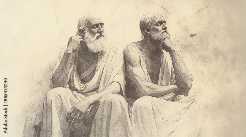 Fototapeta premium Moses and Aaron's Solemn Reflection After God's Reprimand, Biblical Illustration from Numbers, Beige Background, Perfect for Religious Education and Worship Materials