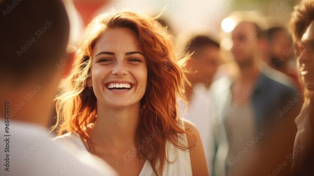 Happy and pretty woman stands in crowd and laughs Happy and pretty woman stands in crowd and laughs