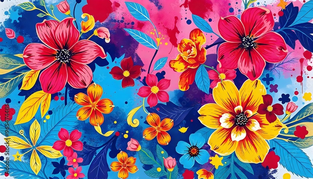 Vibrant floral pattern with large red and blue flowers, green leaves, and colorful abstract elements on a white background Vibrant floral pattern with large red and blue flowers, green leaves, and colorful abstract elements on a white background