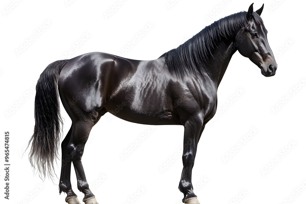Obraz premium Majestic black horse standing proudly in full body pose isolated on white background