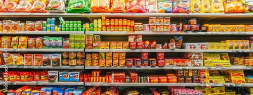 Instant noodles and packaged food in a grocery store aisle photo