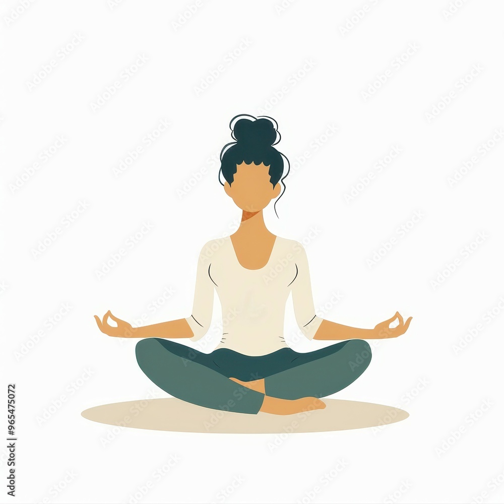 Cartoon illustration of a woman sitting in a lotus pose, meditating with her hands in a mudra, representing relaxation and inner peace. Cartoon illustration of a woman sitting in a lotus pose, meditating with her hands in a mudra, representing relaxation and inner peace.