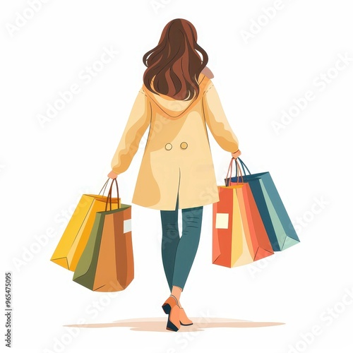 Cartoon illustration of a woman walking with multiple colorful shopping bags, representing retail shopping and fashion.