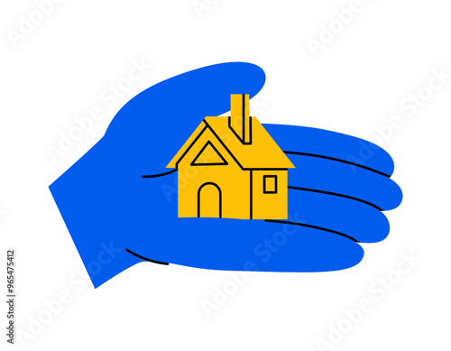 Hand drawn cute cartoon illustration of hand with residential house. Flat vector real estate sticker doodle style. Mortgage or home loan sticker, icon. Housing for rent. Buy or sell building. Isolated
