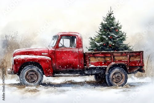 Red truck with christmas tree in the back. Generative AI