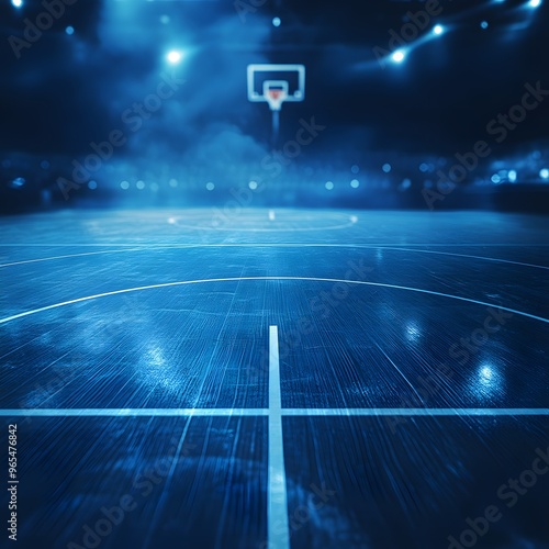 Coach board with basketball plays, dynamic and fluid lines, sports court background, cool blue lighting, detailed and professional, calm yet strategic mood photo