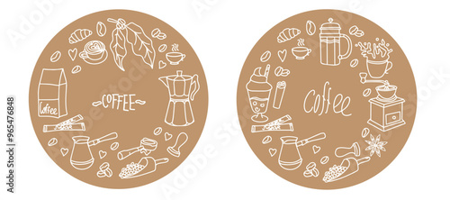Banner for a coffee shop. Cute doodle cartoon cafe icons. Set of hand drawn coffee designs: drinks, snacks and coffeeware. Vector outline hand drawn coffee and bakery for cafe menu. Vector.