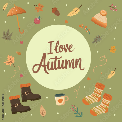 autumn illustration with umbrellas, pumpkins, leaves. I love autumn text on card. Vector illustration