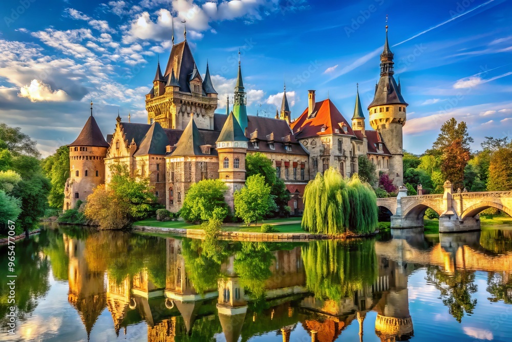 Vajdahunyad Castle's unique architecture blends medieval and Renaissance styles, with twin spires and towers amidst scenic gardens and lake surroundings in Budapest, Hungary. Vajdahunyad Castle's unique architecture blends medieval and Renaissance styles, with twin spires and towers amidst scenic gardens and lake surroundings in Budapest, Hungary.