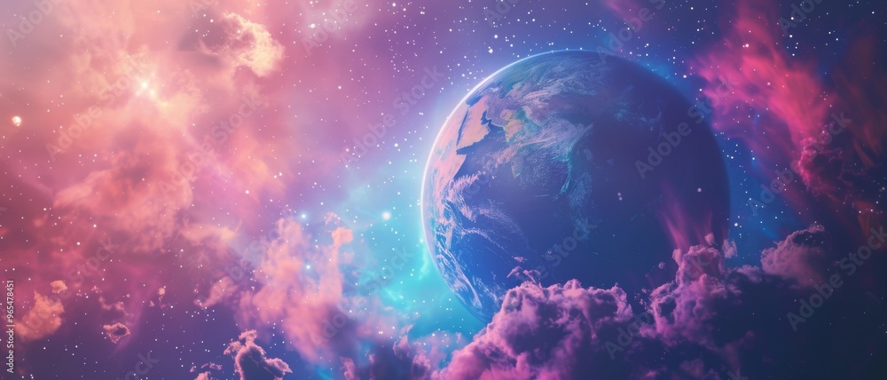 Naklejka premium Against a dreamy, star-filled cosmic backdrop, Earth radiates with vibrant colors, symbolizing the enigmatic and boundless beauty of the universe.