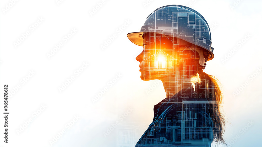 Double exposure of a female architect with house blueprint and sunrise in background Double exposure of a female architect with house blueprint and sunrise in background