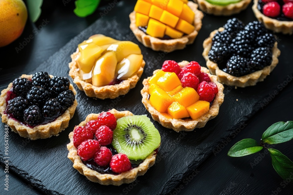 Mini fruit tartlets with various toppings like kiwi, berries, and mango, arranged on a dark slate board Mini fruit tartlets with various toppings like kiwi, berries, and mango, arranged on a dark slate board