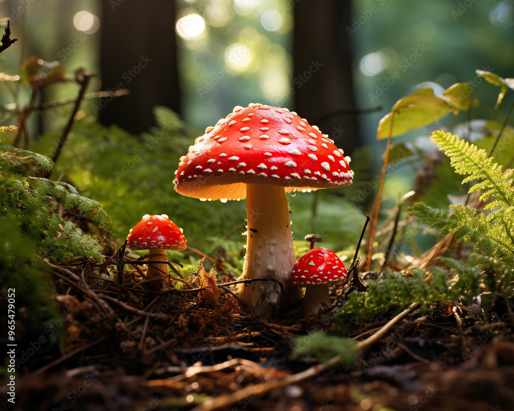 Fly agaric mushrooms in the forest Fly agaric mushrooms in the forest