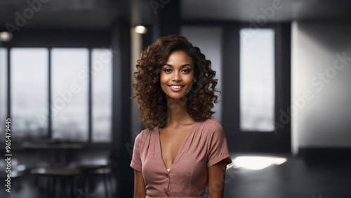 A beautiful brunette model with a healthy complexion and a warm smile is pictured against a clean studio background. Her professional appearance and natural beauty
