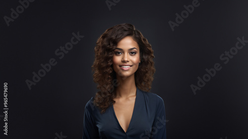 A beautiful brunette model with a healthy complexion and a warm smile is pictured against a clean studio background