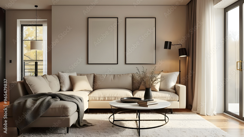 Modern Living Room Interior with Two Blank Frames Modern Living Room Interior with Two Blank Frames