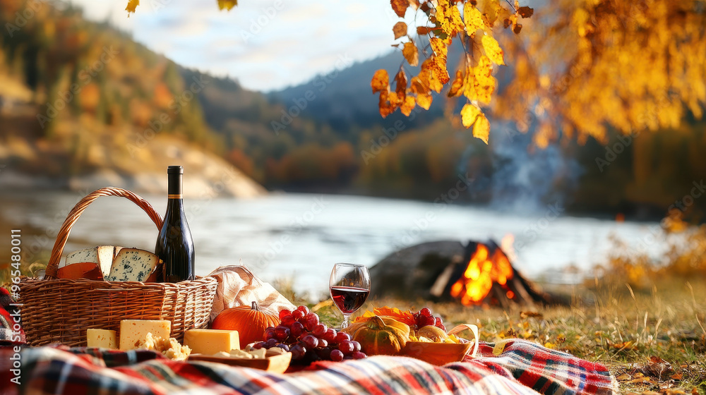 Cozy picnic setup by the lake featuring cheese, grapes, wine, pumpkins, and a warm campfire in a serene autumn setting Cozy picnic setup by the lake featuring cheese, grapes, wine, pumpkins, and a warm campfire in a serene autumn setting