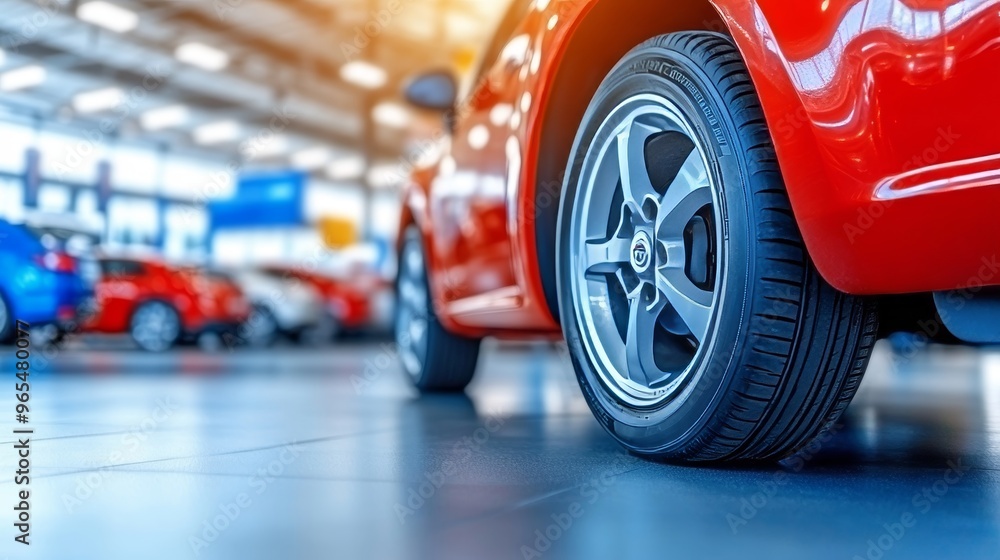 Closeup New Car Wheel Parked Dealership. Modern Transportation Background, 85 Up to 100 Closeup New Car Wheel Parked Dealership. Modern Transportation Background, 85 Up to 100