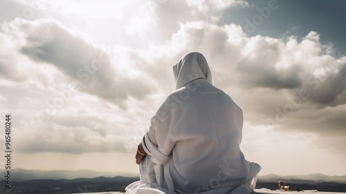 Muslim man praying in nature, in mosque to god, islamic arabic religion. AI generated.